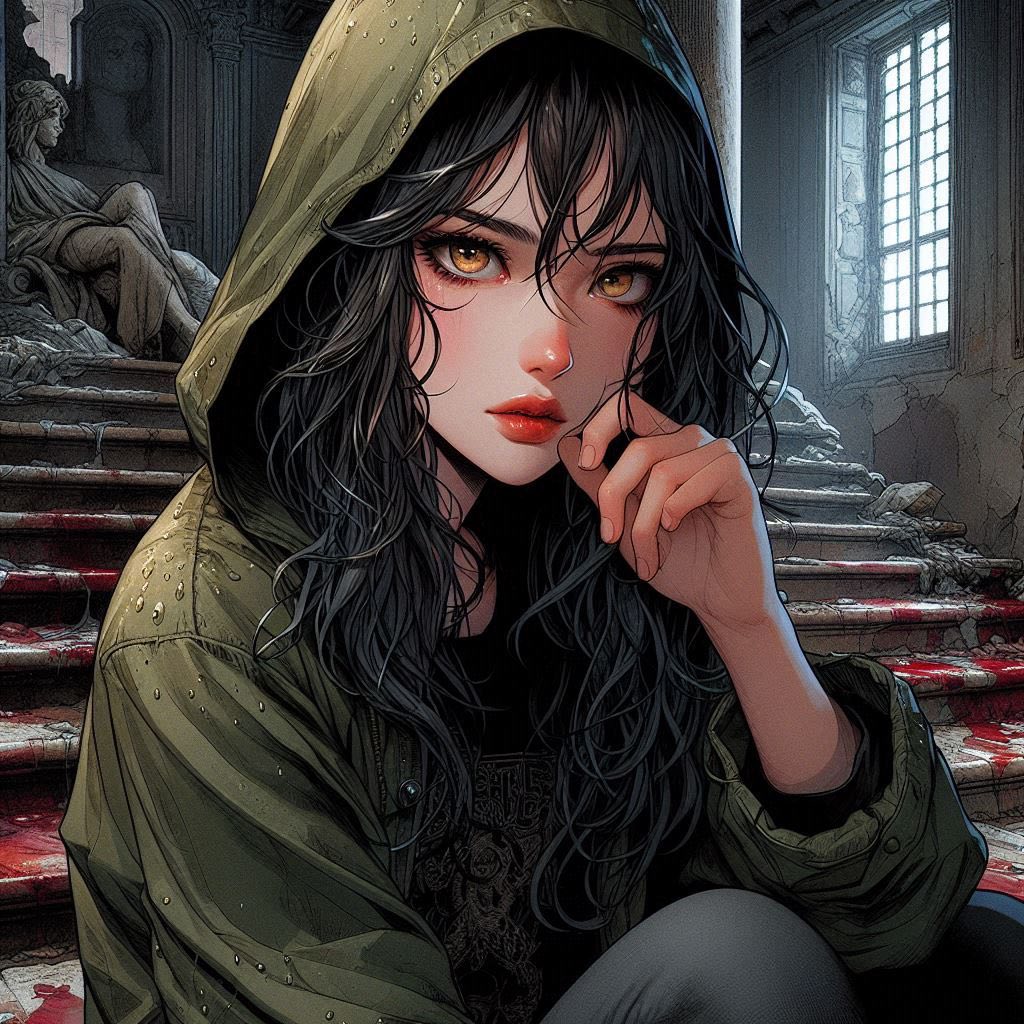 Woman on a ruined staircase