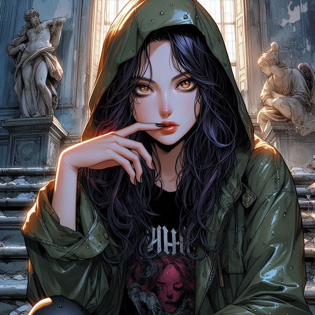 在廢墟樓梯上的女子