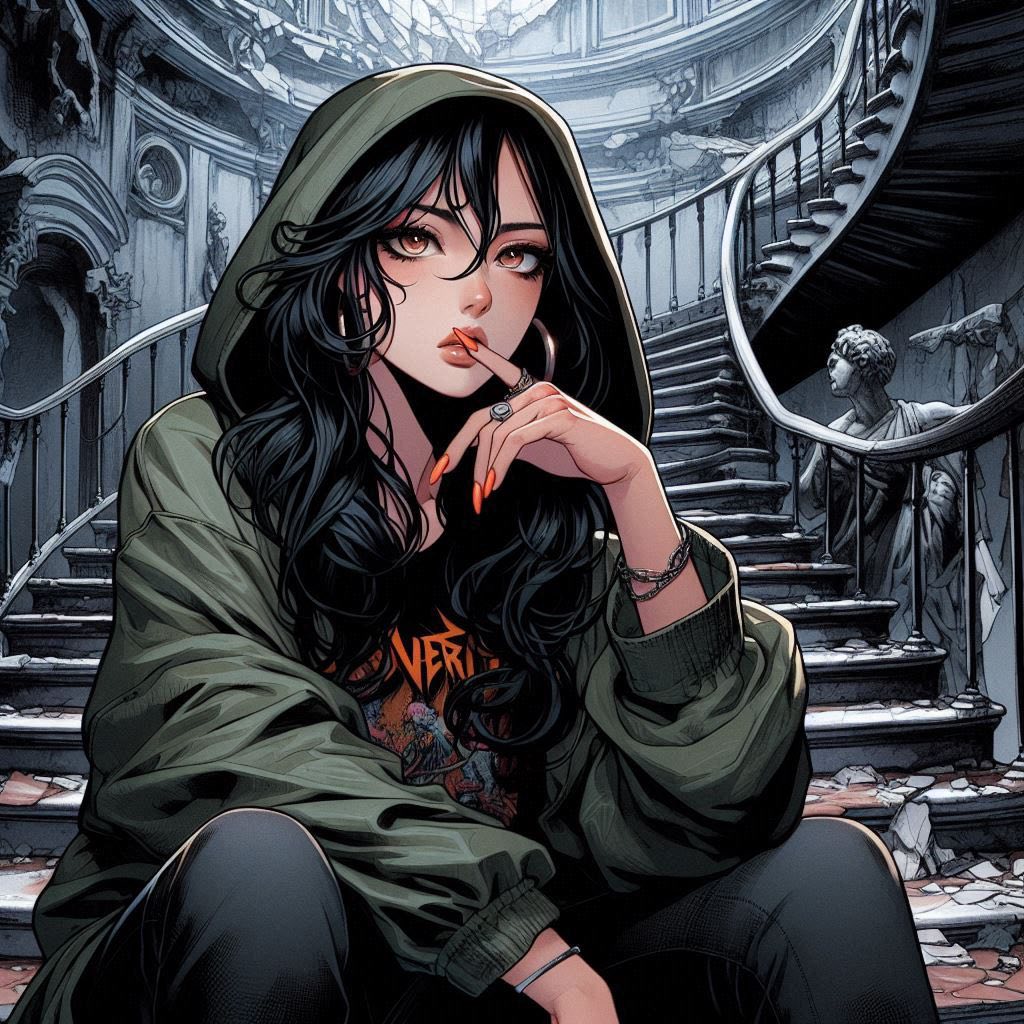 Woman on a ruined staircase