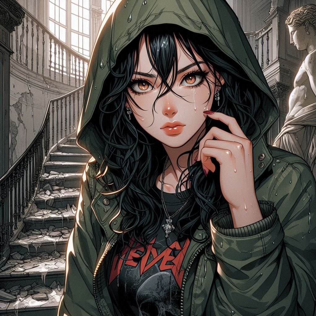 Woman on a ruined staircase