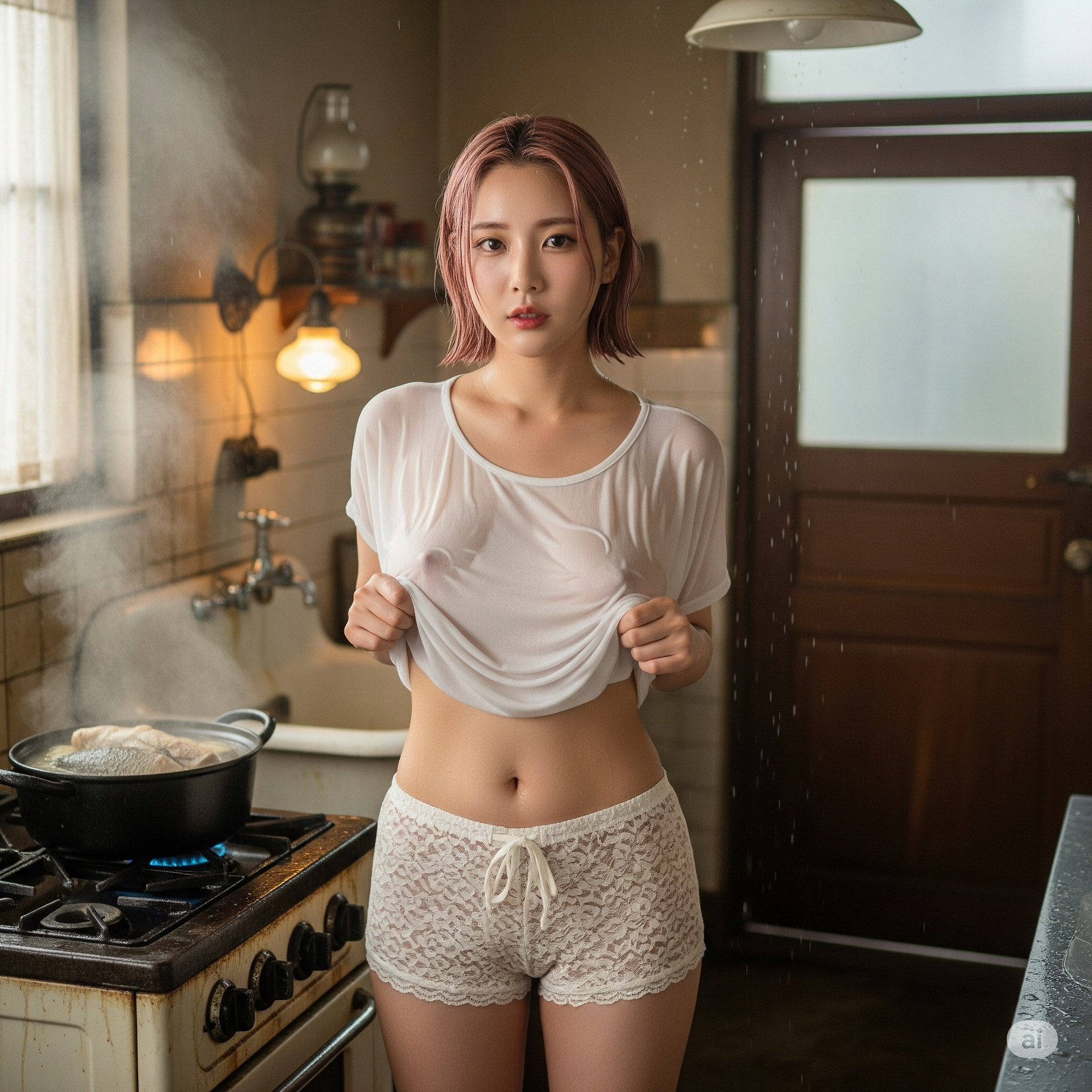 Girl cooks soup in the kitchen