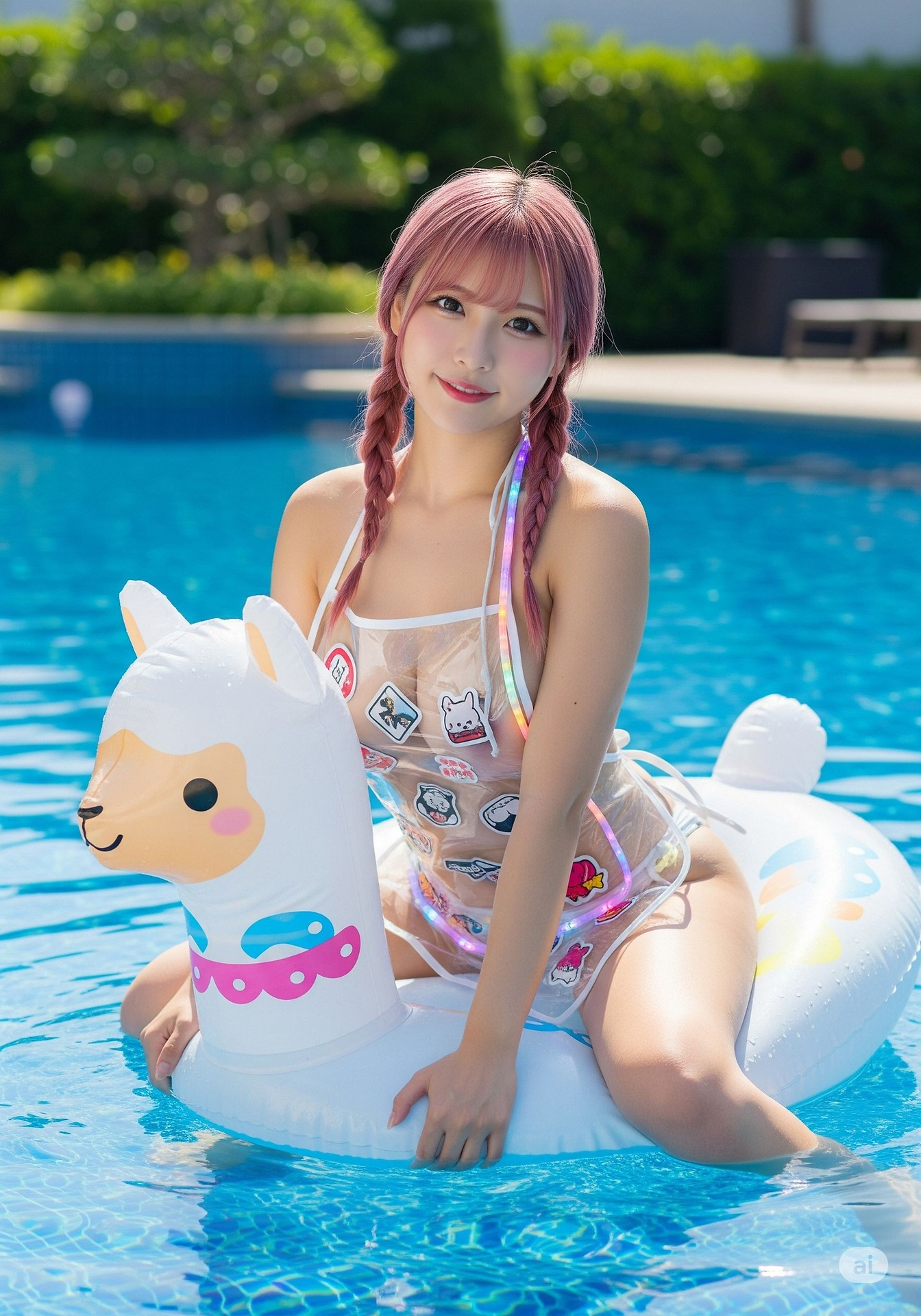 Sister brings a super Q-shaped swimming circle floating bed to the pool