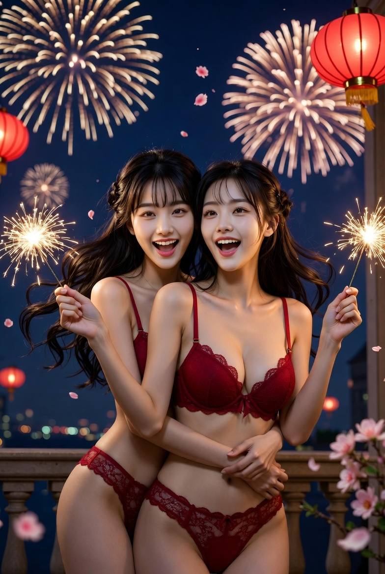 Sisters hugging and celebrating the New Year