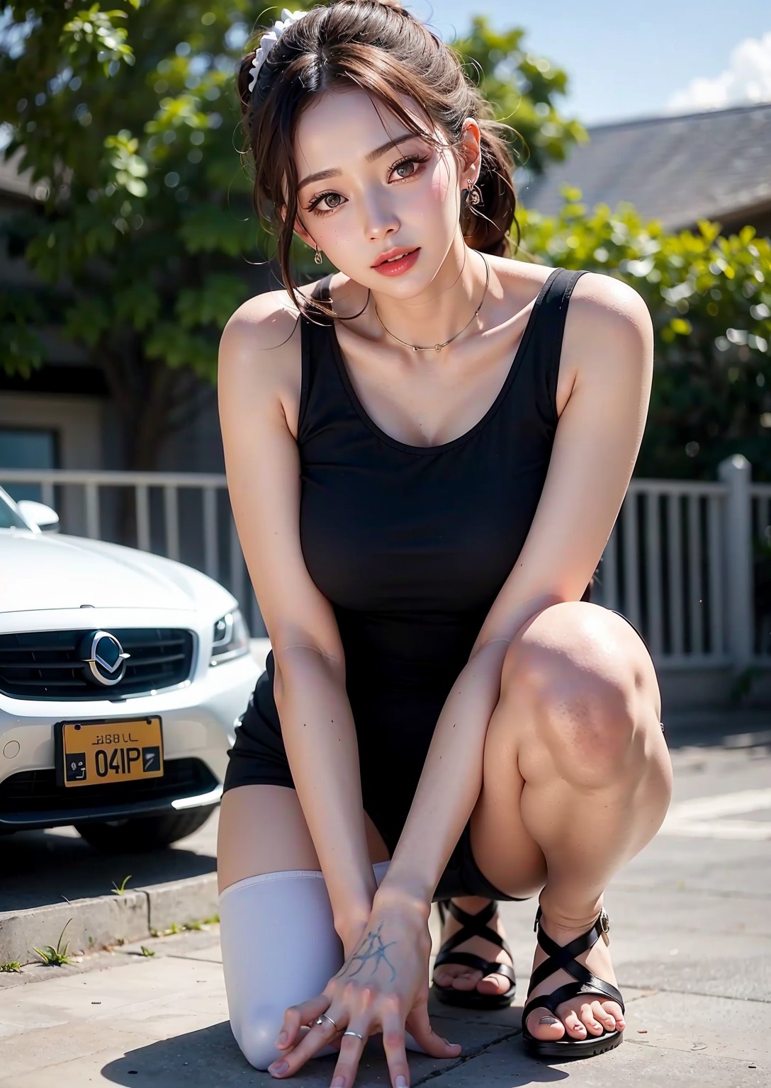 Girl washing car in summer