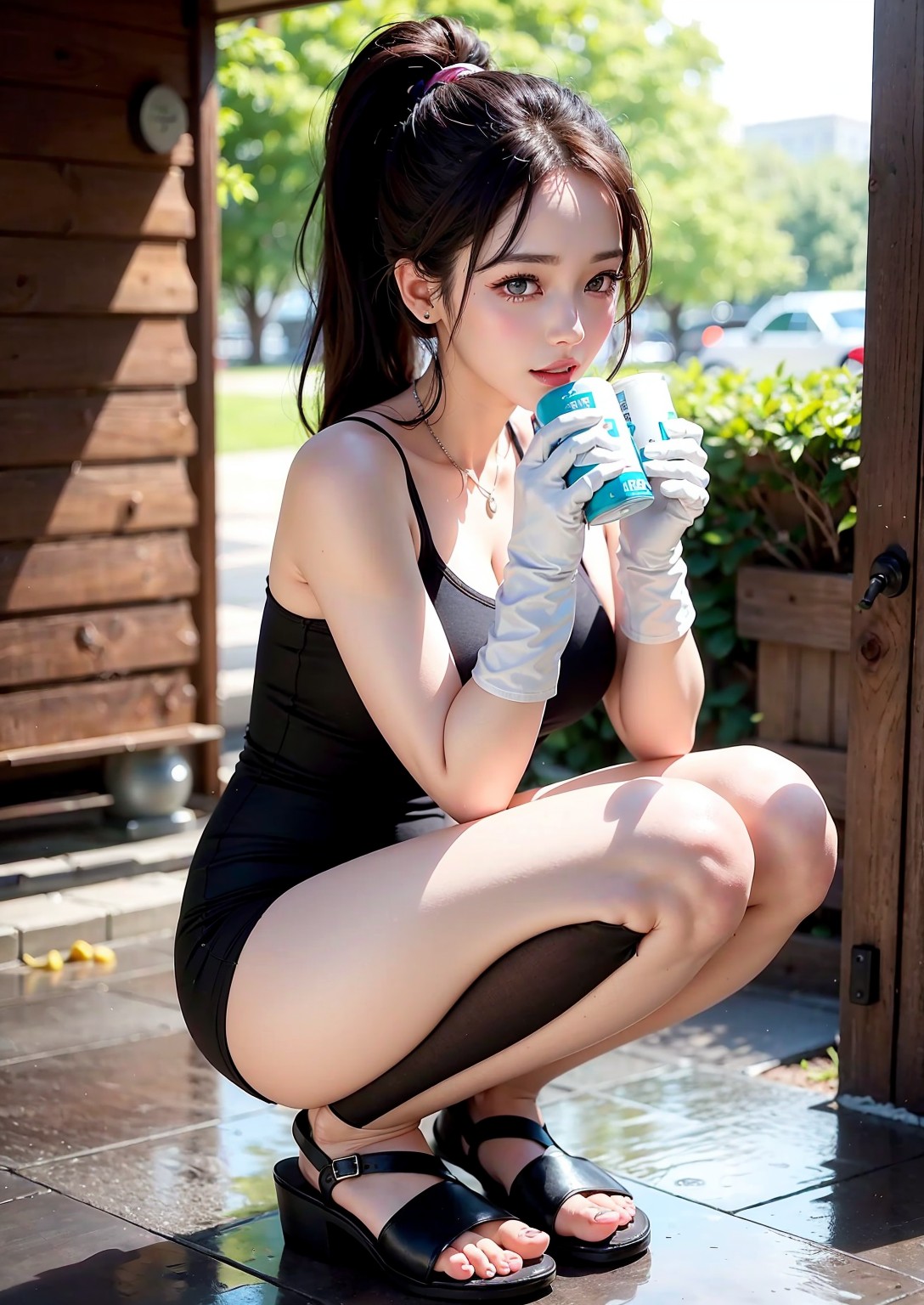 Girl washing car in summer