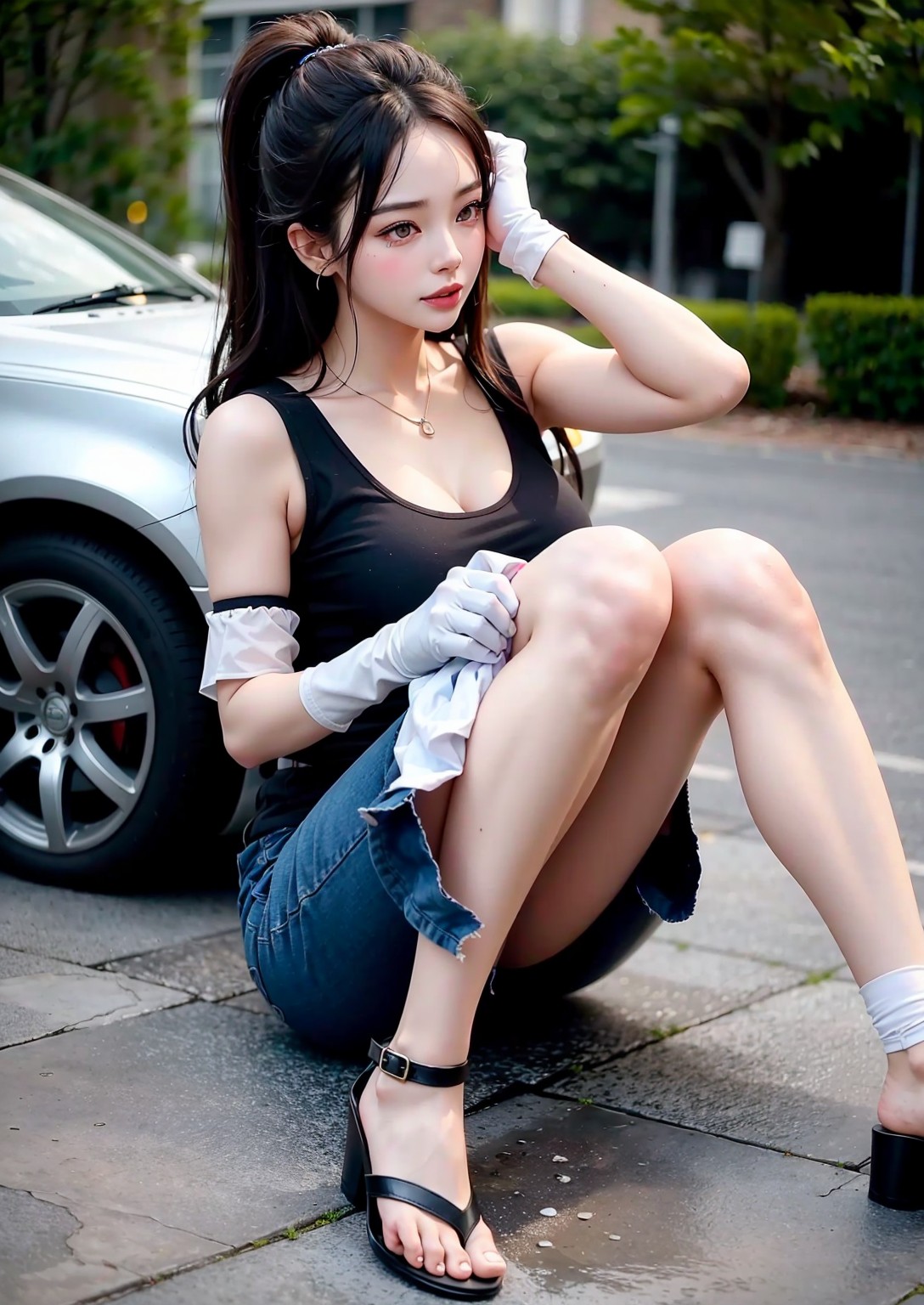 Girl washing car in summer