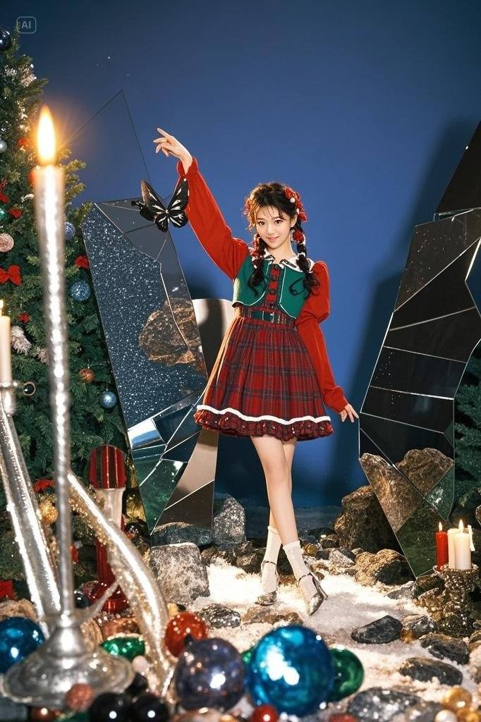Twin Ponytail Girls Under the Christmas Tree