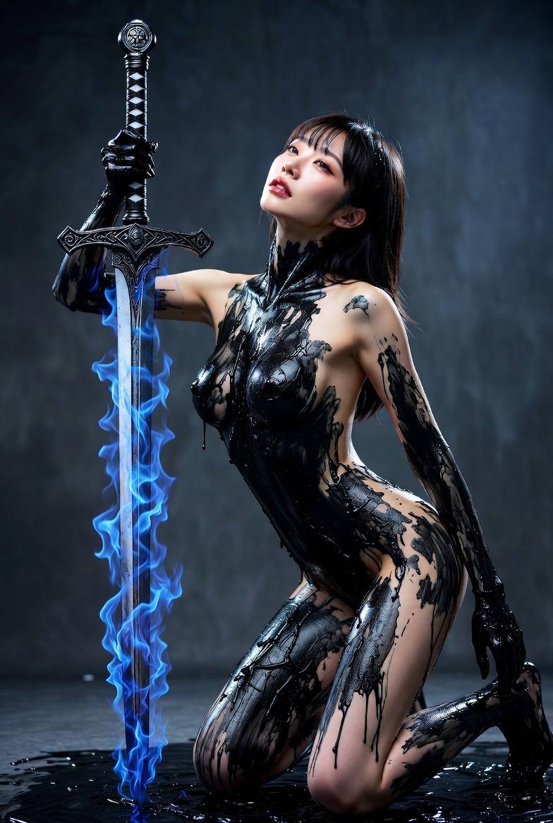 Black ink dress. Enchanted jacket. Blue flame sword – Koleksi Gambar AI