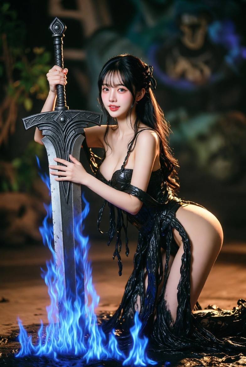 Black ink dress. Enchanted jacket. Blue flame sword