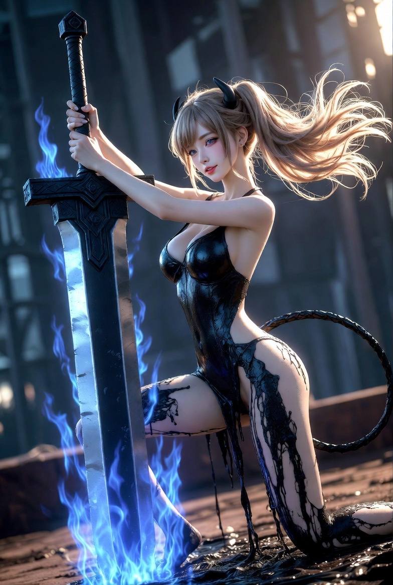 Black ink dress. Enchanted jacket. Blue flame sword